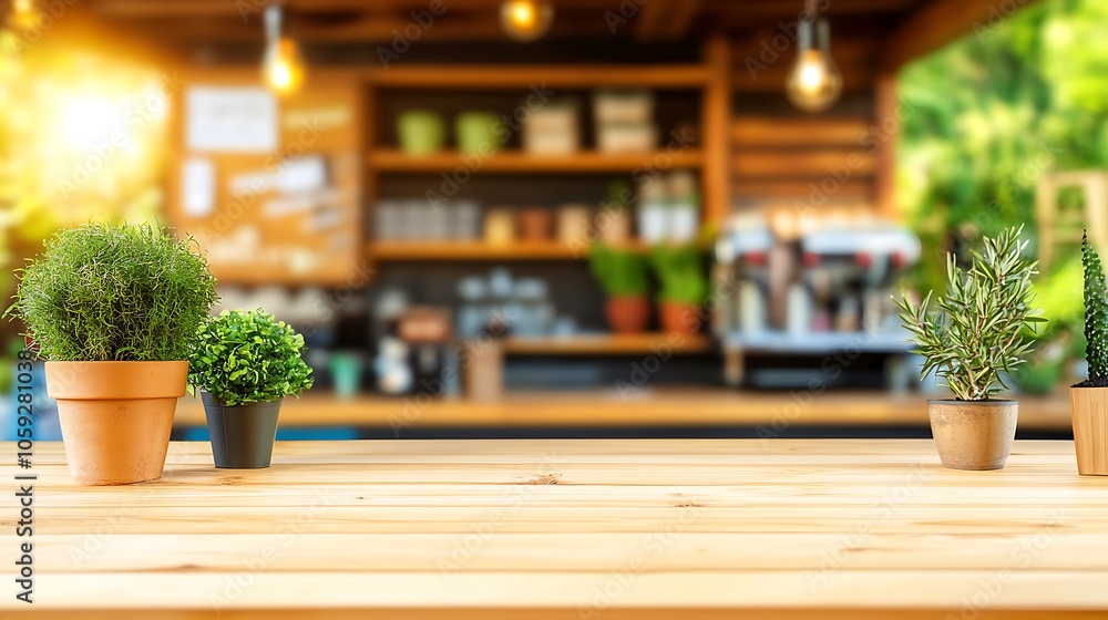 Poster wooden tabletop in front of cafe blank background with copy space for design projects