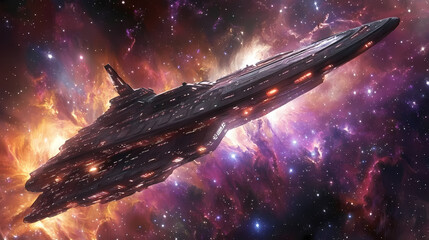 Cosmic voyage - close-up of futuristic space scene with nebulae, stars, and spaceship, copy space on right. Space Opera Scene. Illustration