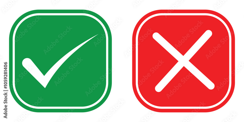 Poster check mark and cross mark icon. yes and no or approved and declined or right and wrong square icons 