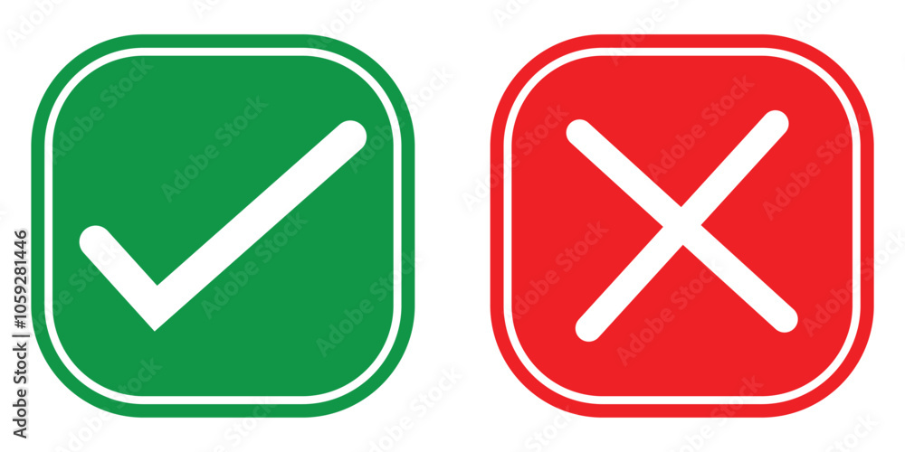 Poster check mark and cross mark icon. yes and no or approved and declined or right and wrong square icons 