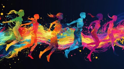 Vibrant Creative Flow: People in Dynamic Motion with Abstract Colorful Designs