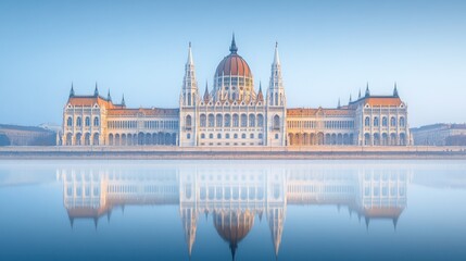 Fototapeta premium The Hungarian Parliament Building reflected in the Danube River on a foggy morning.