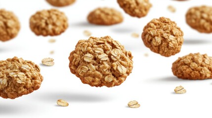 Floating oatmeal cookies with oats visibly scattered, isolated on white, emphasizing crunchy, fresh ingredients.