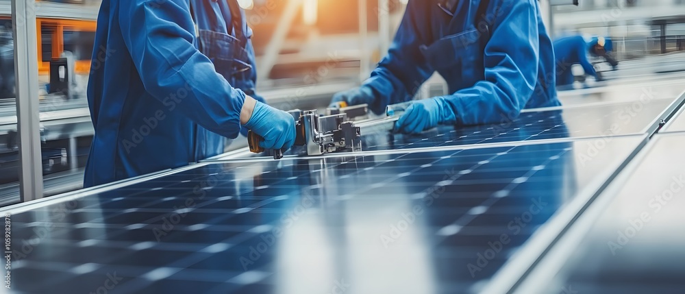 Poster solar panel assembly process in modern factory setting