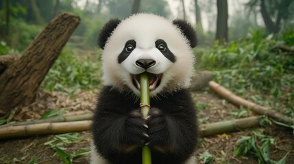 Obraz premium Fluffy panda cub holding a bamboo shoot with a happy expression, representing the iconic cuteness of baby pandas.