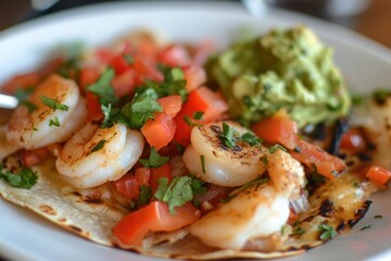 Quesadillas with shrimp cheese red pepper and cilantro accompanied by guacamole