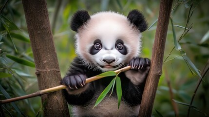 Obraz premium Giant panda cub sitting under a tree, holding a bamboo stick, nibbling contently, embodying peaceful innocence.