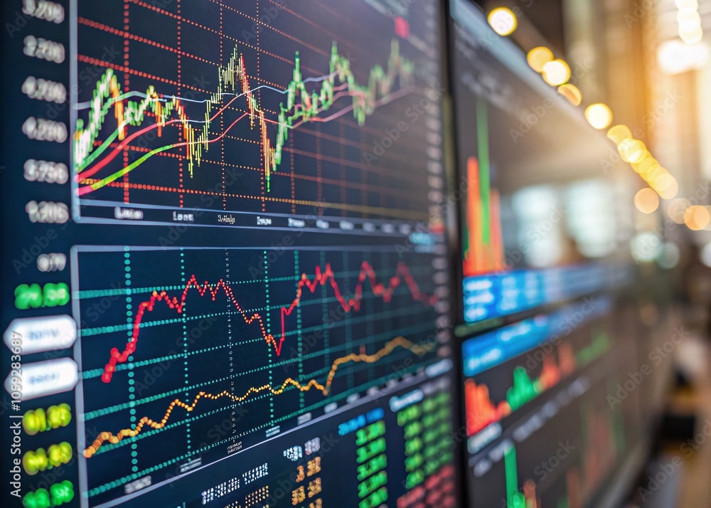 Aufkleber closeup view of stock market data board in 3d render with rule of thirds for financial analysis