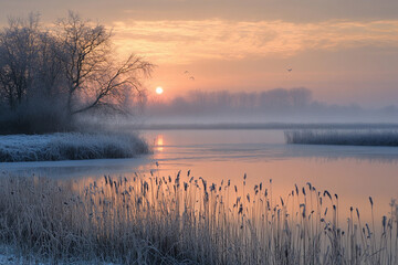 Fototapeta premium Misty sunrise over a tranquil lake with frosty reeds