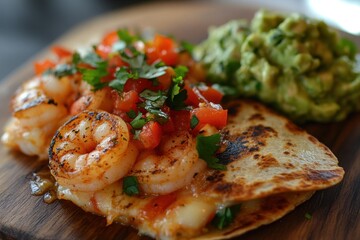 Quesadillas filled with shrimp cheese red pepper and cilantro accompanied by guacamole
