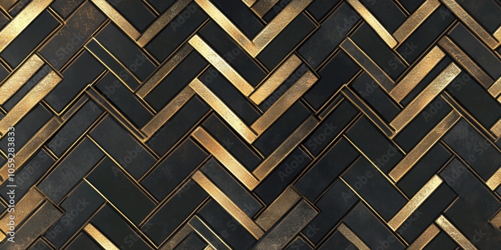 Poster pattern with gold foil herringbone lines, their sharp angles creating an elegant contrast on a black