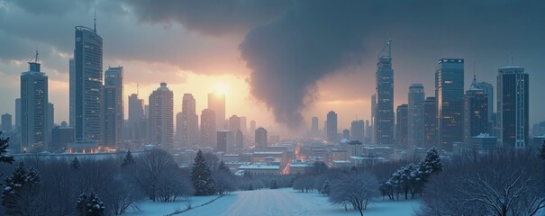 Tornado forming in a winter cityscape at sunset with skyscrapers and snow-covered ground in the...