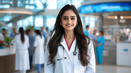 Obraz premium Young smiling female doctor in modern hospital setting, wearing white coat and stethoscope, exuding confidence and warmth. vibrant healthcare environment surrounds her