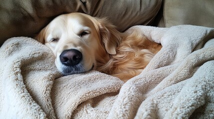 Obraz premium Golden retriever tucked under a soft blanket, relaxing on the couch, creating a sense of warmth and comfort at home.