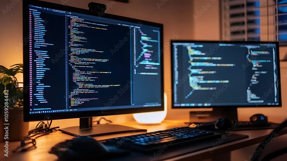 Poster coding on dual monitors minimalist white background with space for text