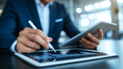 businessman is using tablet to analyze financial data, showcasing graphs and charts. focus is on technology and finance