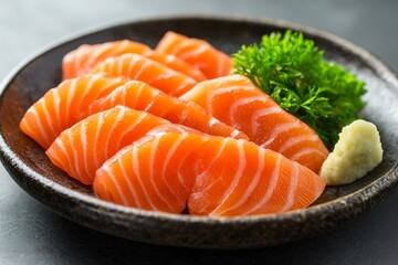 Studio lighting focusing on a plate of Organic Sashimi, highlighting the organic certification and high-quality cuts of fresh seafood
