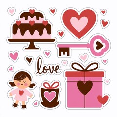 Set of stickers Valentine's Day, cake with hearts, key with heart, gift with heart. little angel, stickers with the inscription "Love" on a white background