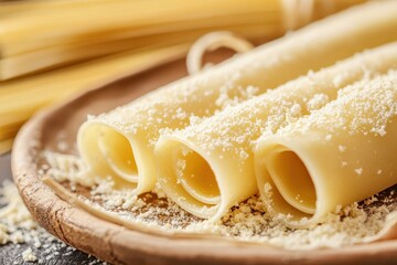 Raw organic cannelloni on straw plates close up on white background