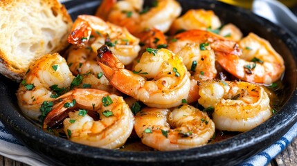 Sizzling garlic shrimp with parsley and crusty bread in a black bowl