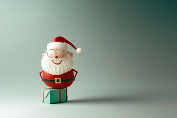Obraz premium A Weird cartoon Santa Claus standing with hands on hips against a soft gradient background during festive Christmas celebration. Christmas and New Year greetings. With copy space