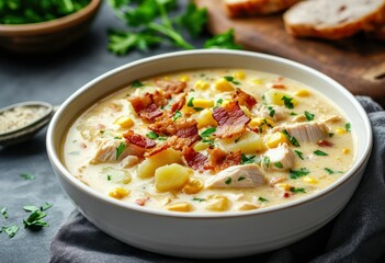 Rich creamy chicken corn soup with potatoes sweet corn crispy bacon and parsley in a white bowl