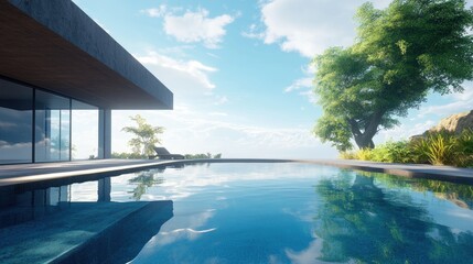 Fototapeta premium Luxury villa with a sleek infinity pool, overlooking a lush landscape, clear blue skies reflecting in the calm water, no people.