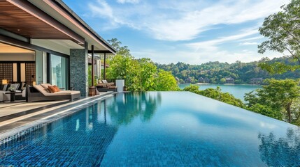 Fototapeta premium Luxury villa with a sleek infinity pool, overlooking a lush landscape, clear blue skies reflecting in the calm water, no people.