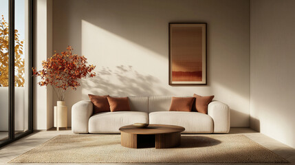 cozy living space with bohemian vibe, featuring autumn colored decor, comfortable sofa, and stylish coffee table. warm tones create welcoming atmosphere