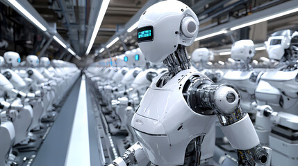 Fototapeta premium Automation industry concept with robot assembly line in factory. Robot Factory. Illustration