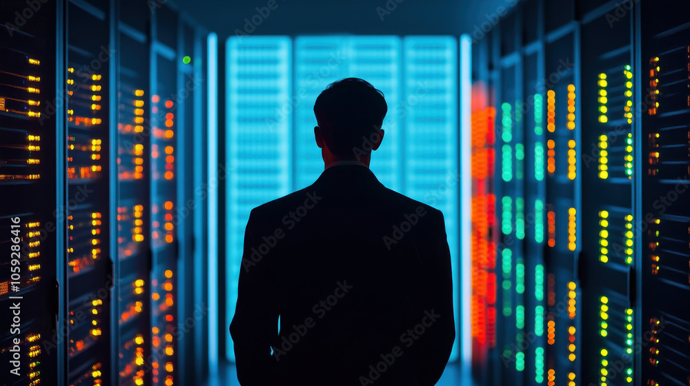 Poster a silhouette of a professional in front of high-tech server racks, illuminated by vibrant led lights