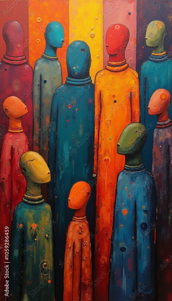 Poster abstract representation of colorful figures in vibrant hues standing together, showcasing diversity 