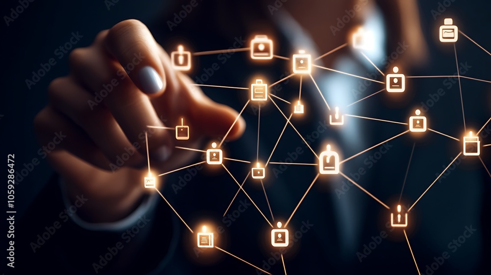 Poster hand touching interactive share icons in dark setting