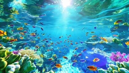 Naklejka premium Vibrant underwater scene with colorful fish and coral, illuminated by sunlight.