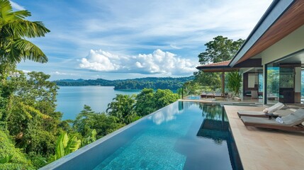 Fototapeta premium Modern villa with an infinity pool, overlooking ocean views, with clean lines and lush garden surroundings, no people.