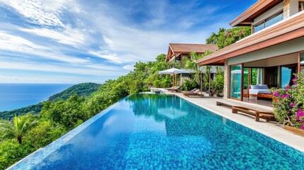 Modern villa with an infinity pool, overlooking ocean views, with clean lines and lush garden surroundings, no people.