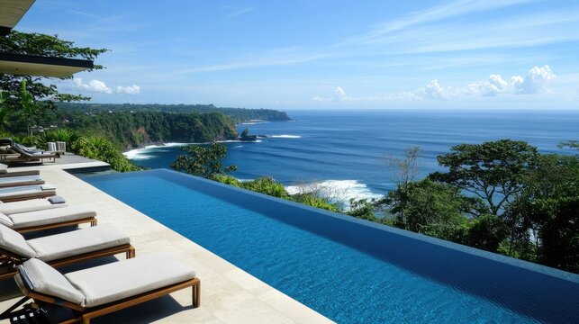 Modern villa with an infinity pool, overlooking ocean views, with clean lines and lush garden surroundings, no people.