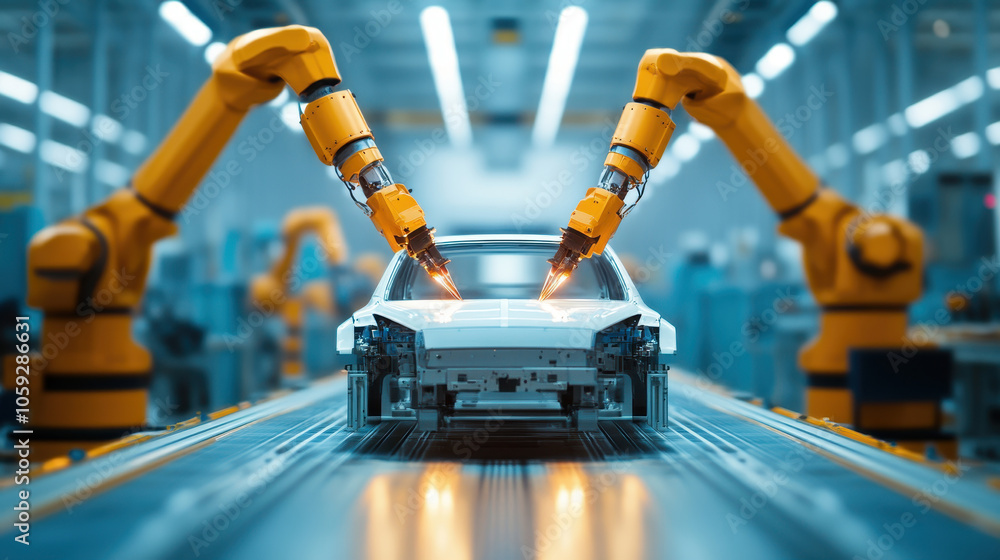 Poster advanced robotic arms in a factory assembling a car on the production line, showcasing modern automa