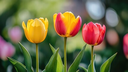 Naklejka premium Three colorful tulips in a field.
