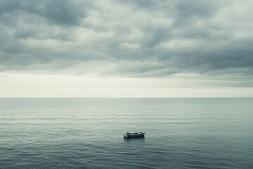 a small boat floating in the middle of the ocean