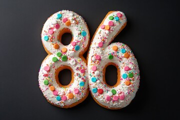 Cake shaped like number 86 on dark background