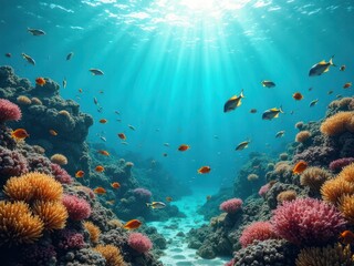 Vibrant underwater scene showcasing coral reefs and diverse fish species.