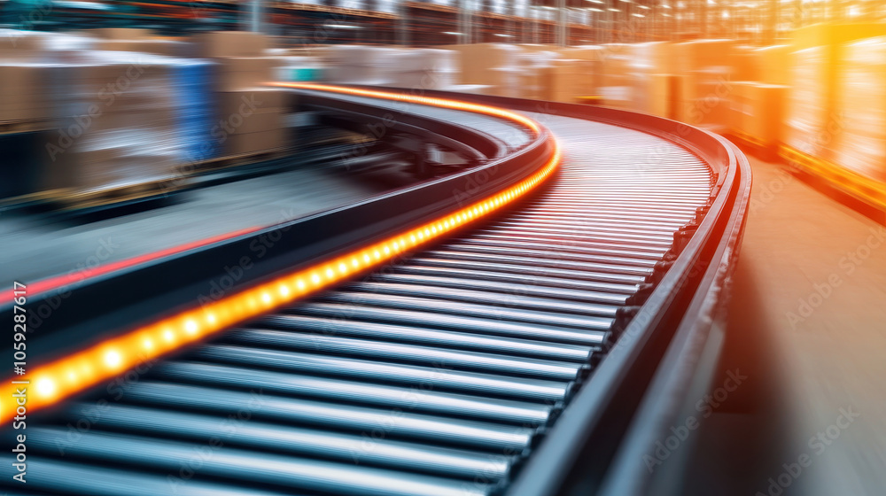 Poster dynamic conveyor belt transporting packages in a modern warehouse, showcasing efficient logistics an