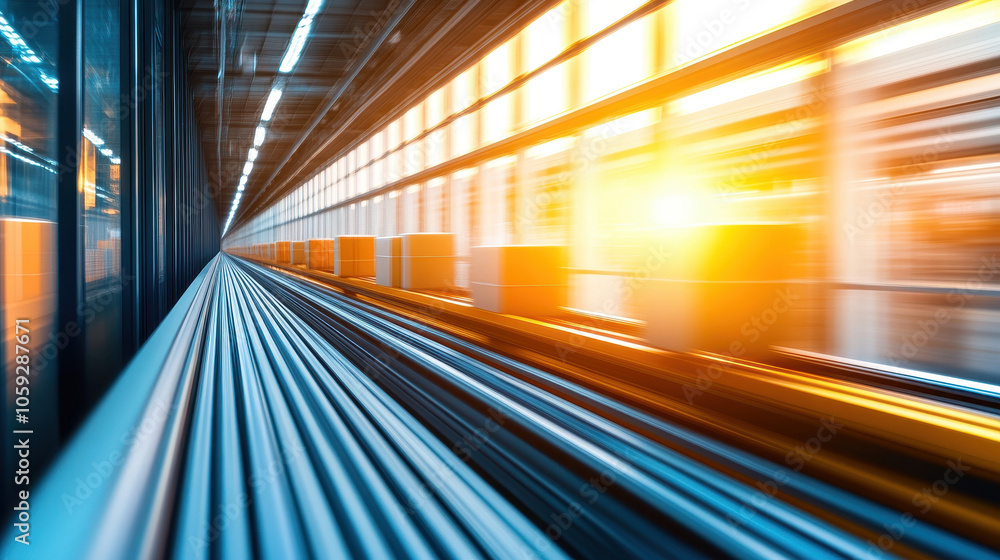 Poster automated sorting systems in a logistics hub, with packages being sorted at high speed.