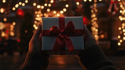 Pair of hands holding a festive box with a red and white ribbon, holiday decorations softly blurred in the background.