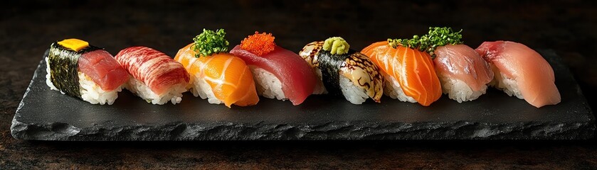 Assorted sushi nigiri on slate platter, dark textured surface, fresh garnishes, soft natural side lighting
