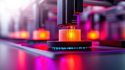 High-tech 3D printer in action, showcasing vibrant colors and intricate details of additive manufacturing in a modern workspace.