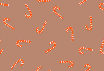 Irregular Pattern Made of Santa's Candy Canes. Cute Seamless Vector Pattern with White-Red Santa's Candy Canes on a Light Brown Background. Repeatable Print with Christmas Tree Sweet Decorations. 