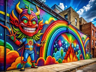 Obraz premium Colorful Graffiti Art of Rainbow Devil Character in Urban Landscape - Panoramic Photography Featuring Vibrant Street Art and Creative Expression