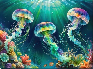 Fototapeta premium Vibrant underwater scene featuring colorful jellyfish and coral.